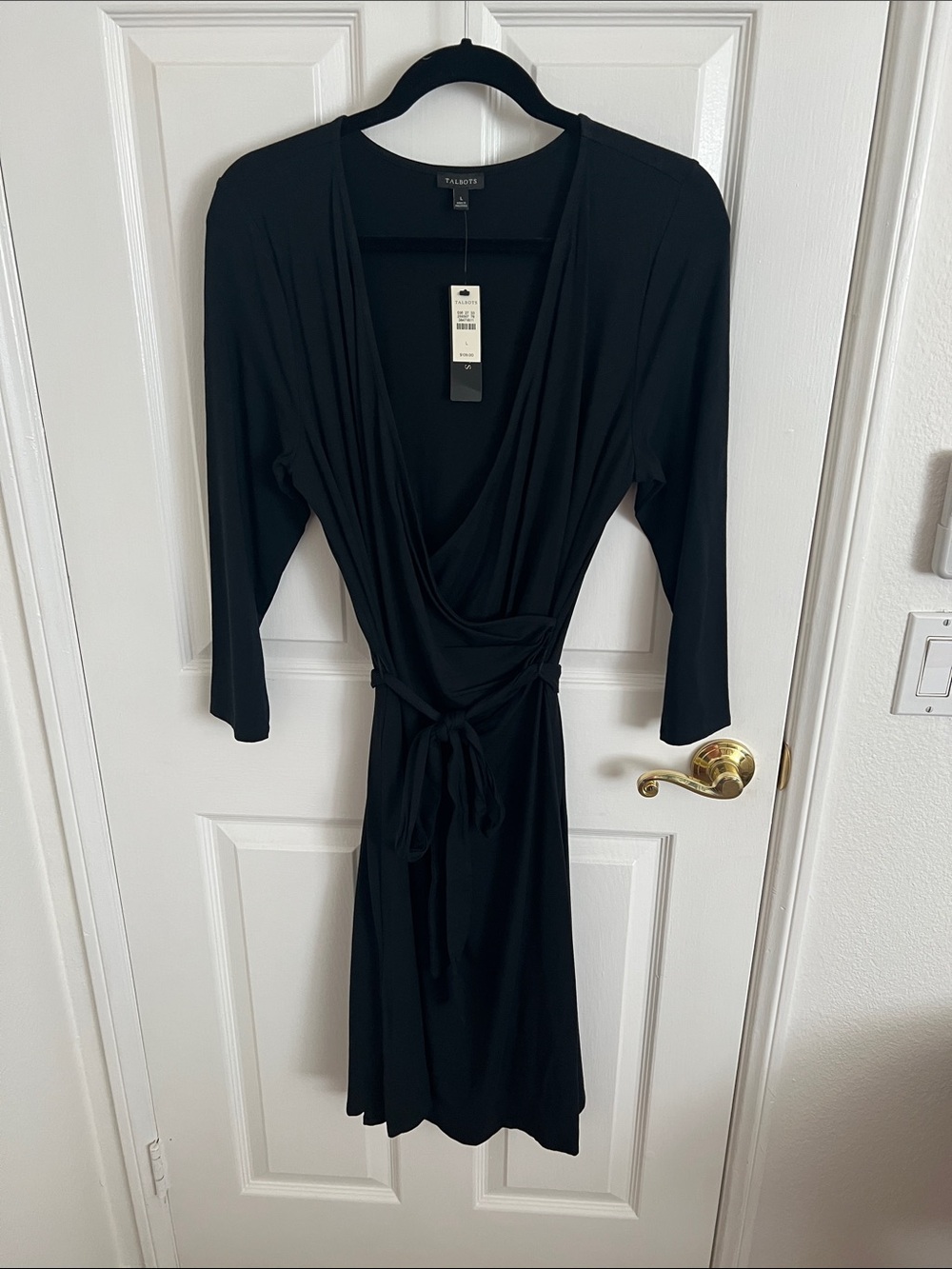 Talbots Black Faux-Wrap Midi Dress with Tie Waist